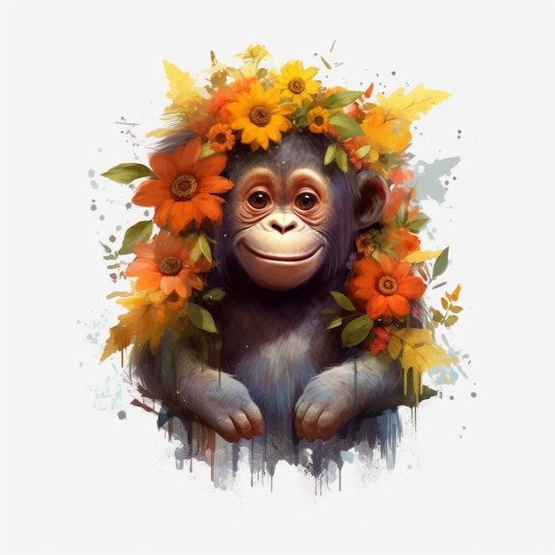 A painting of a monkey with flowers on his head