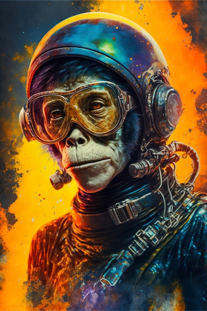 A painting of monkey with helmet and goggles on it generative ai