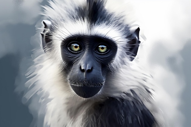 A painting of a monkey with yellow eyes