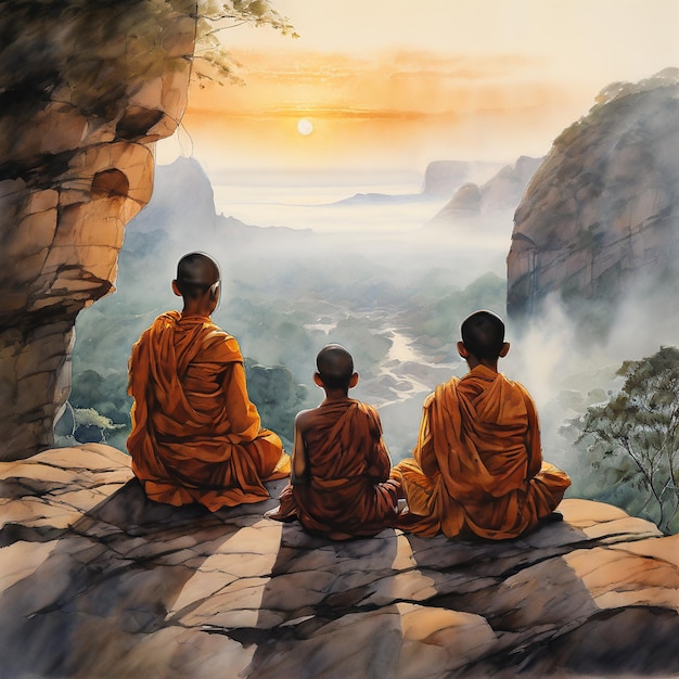 a painting of monks sitting on a rock with the sun setting behind them