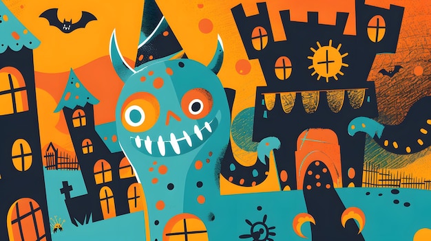 a painting of a monster with a blue face and orange background