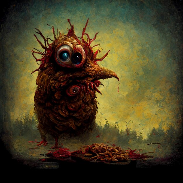 painting of a monster with a bunch of eyes and a pile of food generative ai