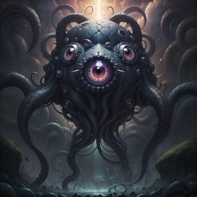 A painting of a monster with an eye and a large purple eye.