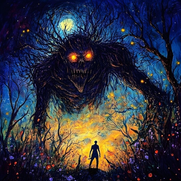 a painting of a monster with a man standing in the woods