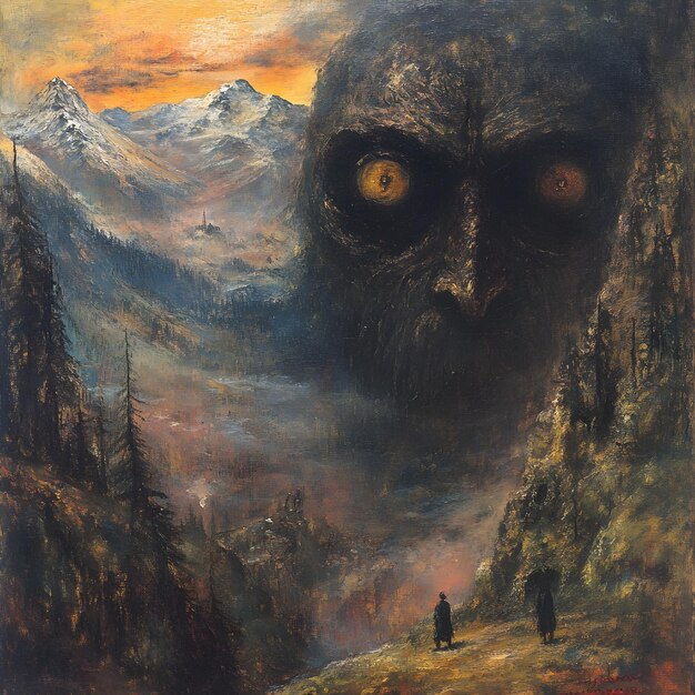 Photo a painting of a monster with a mountain in the background