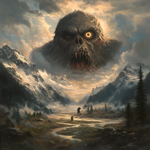 Photo a painting of a monster with a mountain in the background