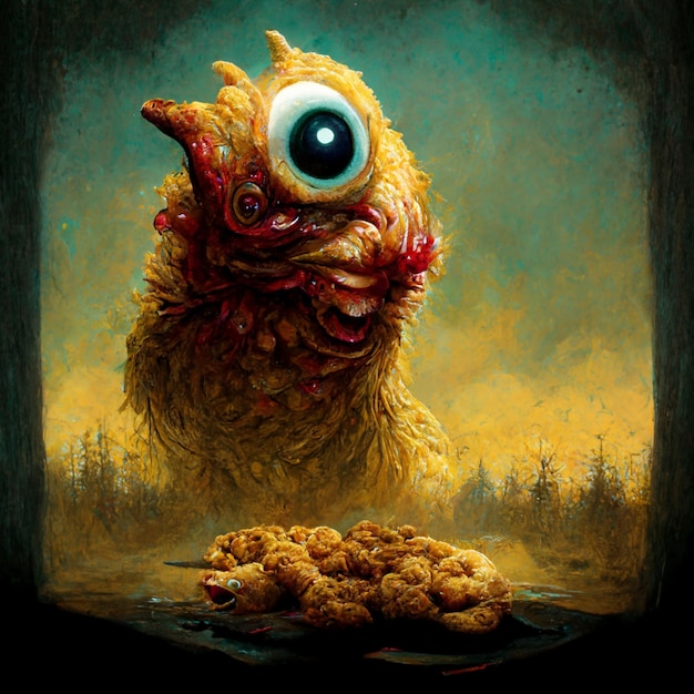 painting of a monster with a pile of fried food in front of it generative ai