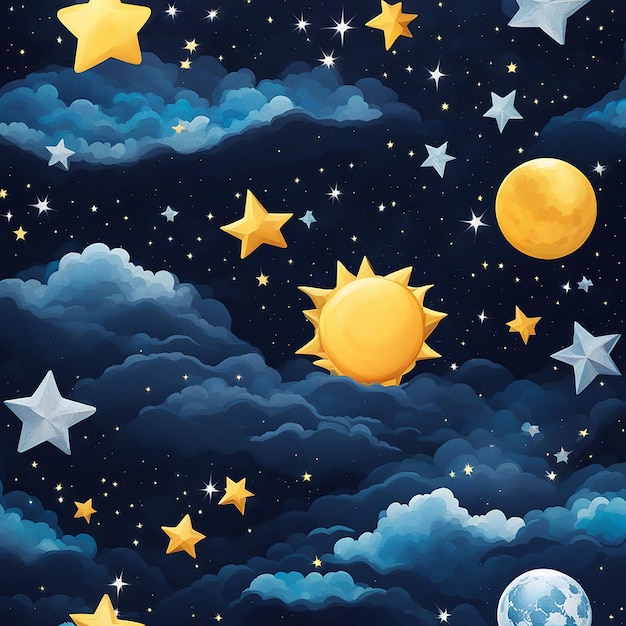 a painting of a moon and stars with the moon in the background