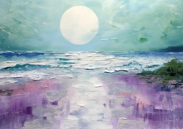 A painting of a moonlit ocean with a blue sky and clouds.