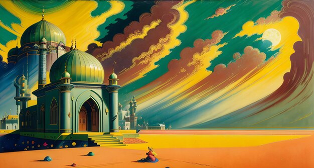 A painting of a mosque in a desert with a cloudy sky in the background.