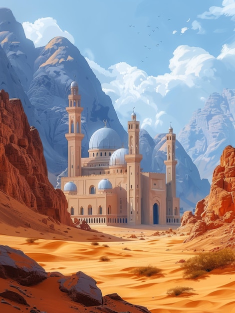 a painting of a mosque in the desert with mountains in the background