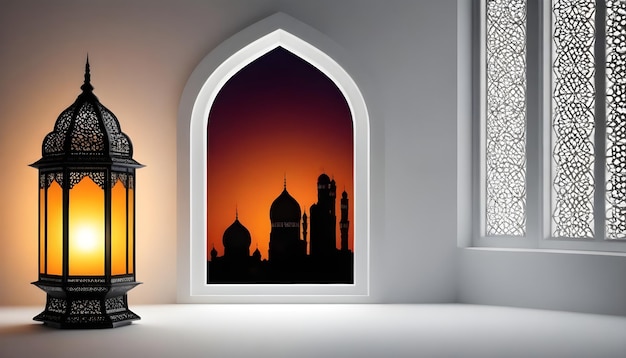 a painting of a mosque is displayed in a room with a picture of a silhouette of a mosque