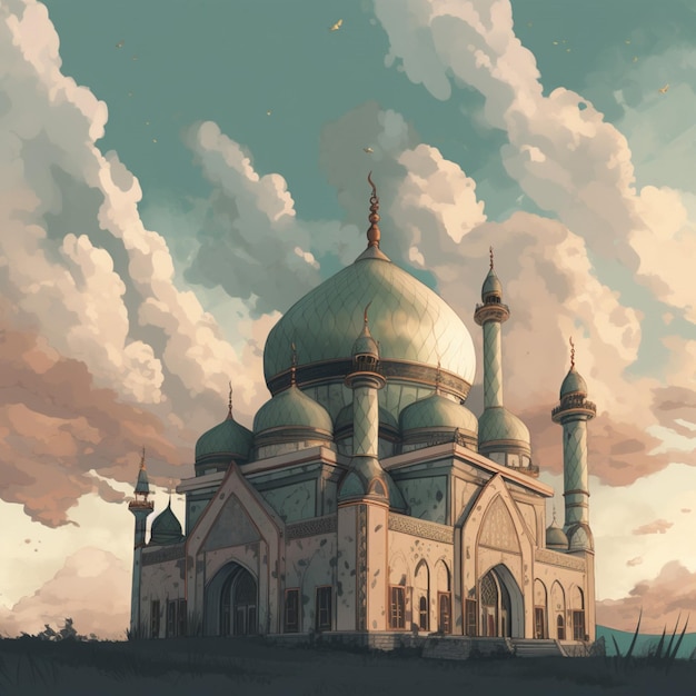 A painting of a mosque in the sky with clouds and the words " the word love " on the top.