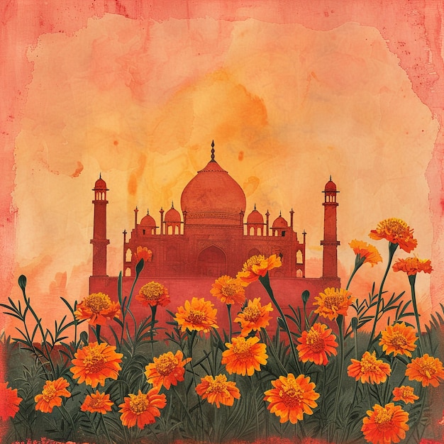 Photo a painting of a mosque surrounded by flowers and a red background