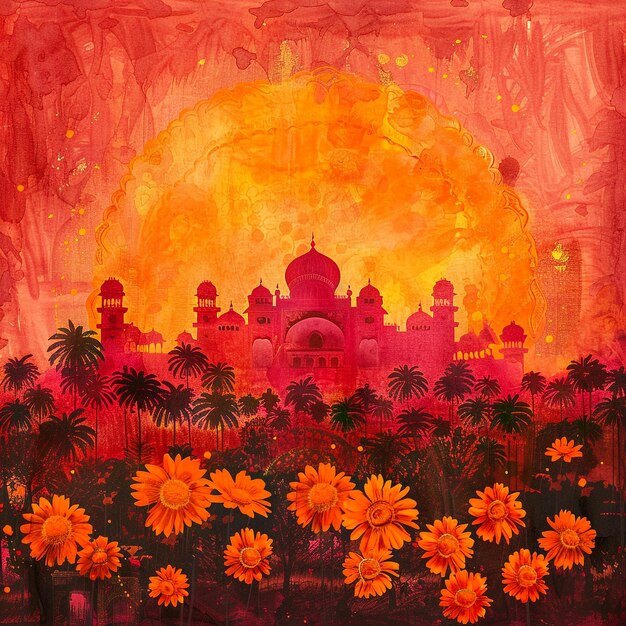 Photo a painting of a mosque surrounded by flowers