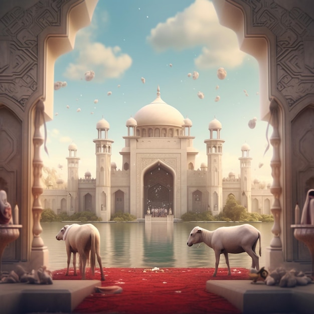 a painting of a mosque with animals in front of it