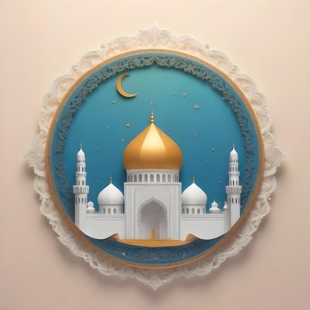 a painting of a mosque with a blue background with a picture of a mosque on it