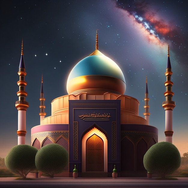 A painting of a mosque with a blue dome and a galaxy in the background