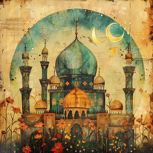 Photo a painting of a mosque with a blue dome and a moon in the background