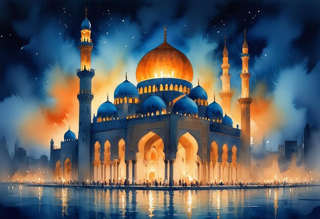 a painting of a mosque with a blue sky and a firework display