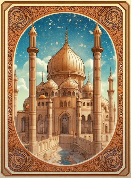 A painting of a mosque with a blue sky and the words " the palace " on it.