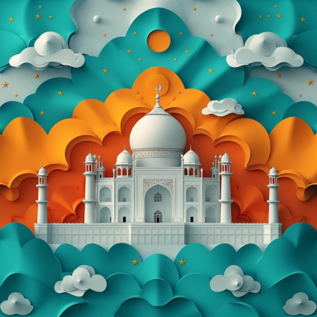 a painting of a mosque with clouds and a blue sky with clouds