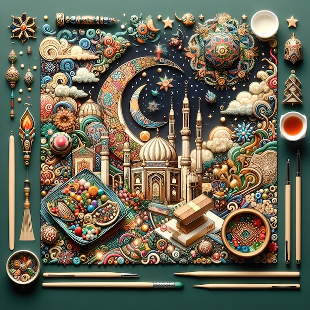 a painting of a mosque with many objects around it