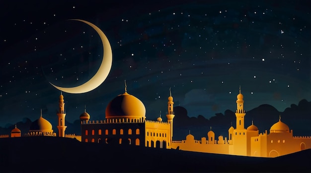 Photo a painting of a mosque with a moon in the background