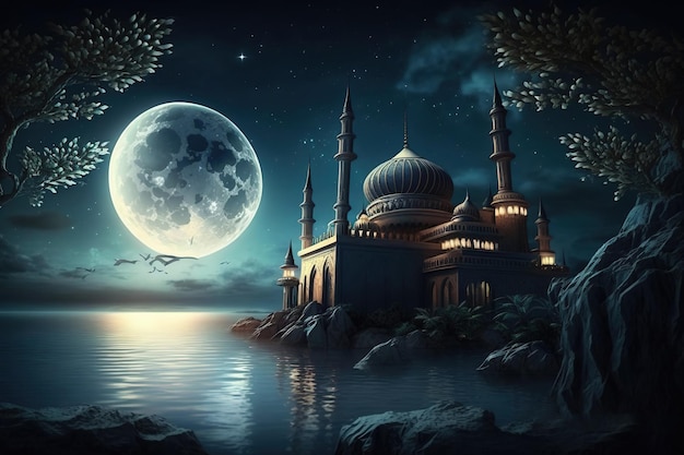 A painting of a mosque with the moon in the background