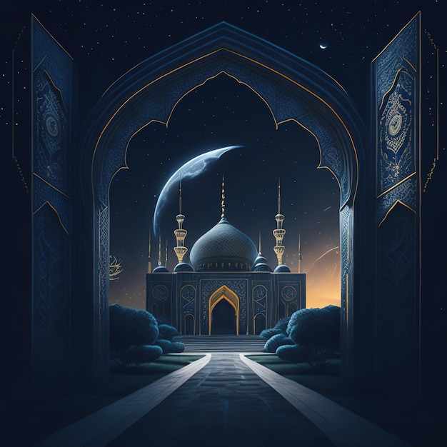 A painting of a mosque with a moon in the background.