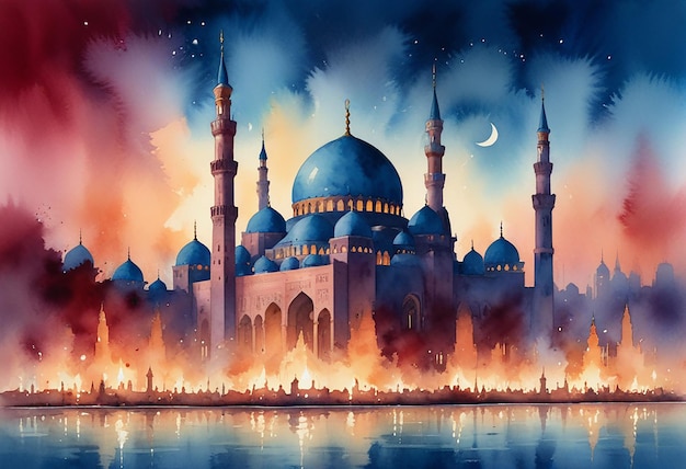 a painting of a mosque with a moon in the background