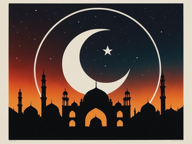 Photo a painting of a mosque with a moon and a crescent moon in the background