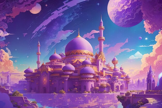 a painting of a mosque with a moon and stars in the sky in digital art style