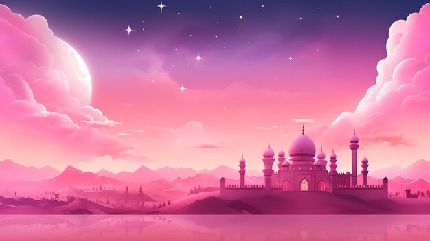 a painting of a mosque with a moon and stars in the sky