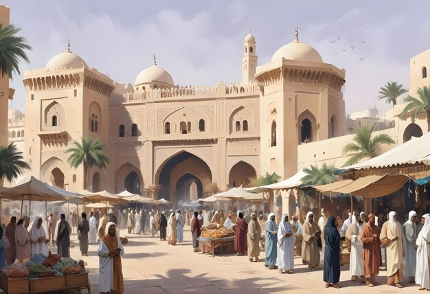 Photo a painting of a mosque with a palm tree in the background