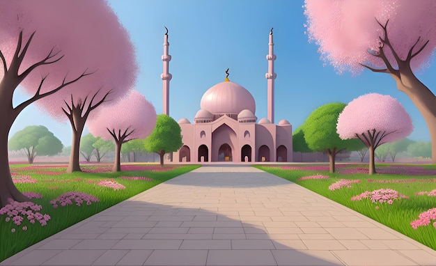 a painting of a mosque with a pink flower in the middle