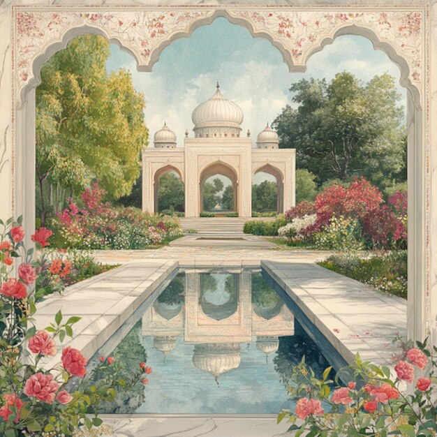 Photo a painting of a mosque with a reflection of the water in it