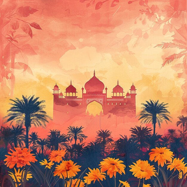 a painting of a mosque with a sunset in the background