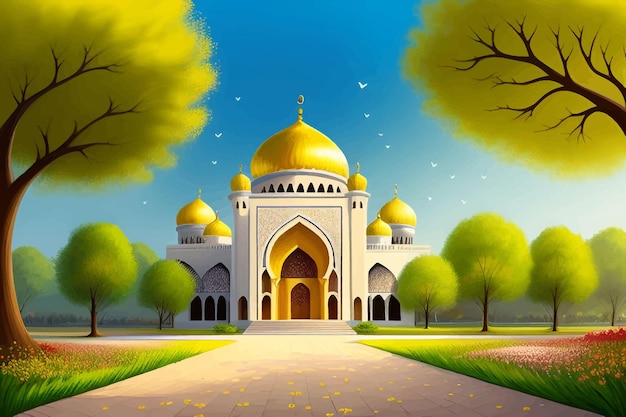 a painting of a mosque with trees and a place of worship