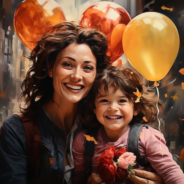 Painting of mother and baby with balloons in the background