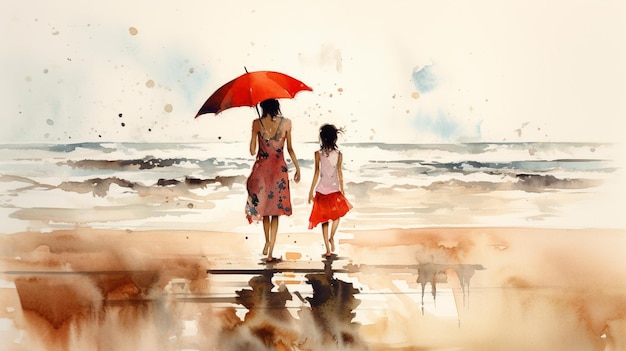 A painting of a mother and daughter walking on the beach