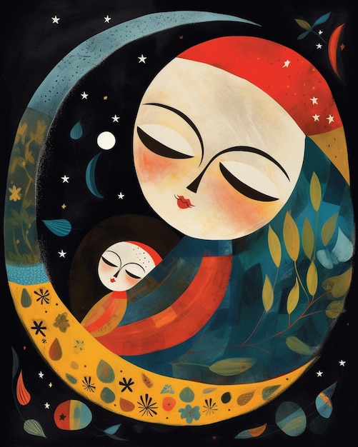 A painting of a mother and her baby on a moon.