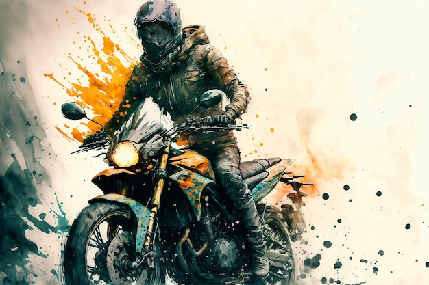 A painting of a motorcycle rider with a spray painted background.