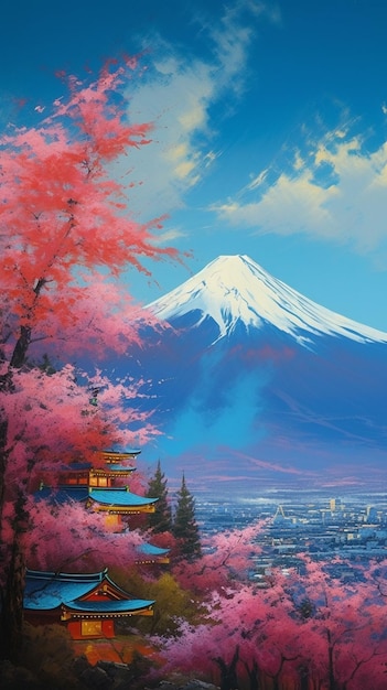 A painting of mount fuji with a mountain in the background.