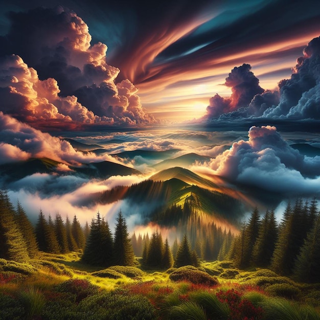 a painting of a mountain and clouds