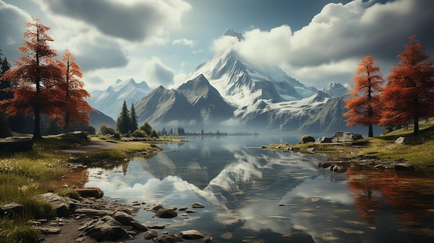 a painting of a mountain lake and the sky with clouds