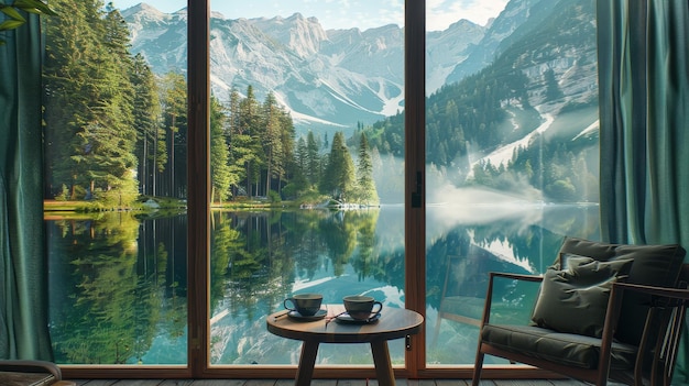 a painting of a mountain lake and some teas