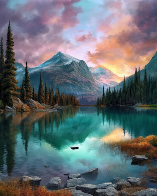 A painting of a mountain lake with a cloudy sky and a mountain in the background.