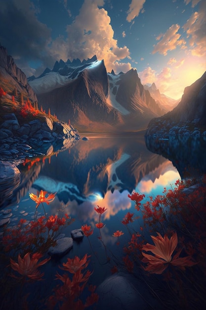 A painting of a mountain and a lake with a cloudy sky