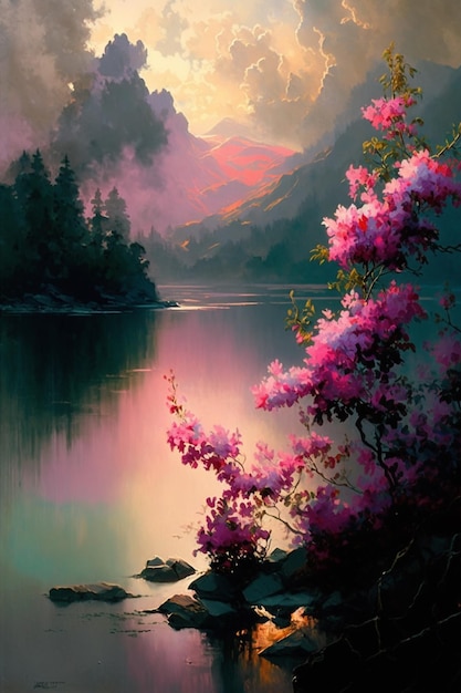 A painting of a mountain lake with flowers